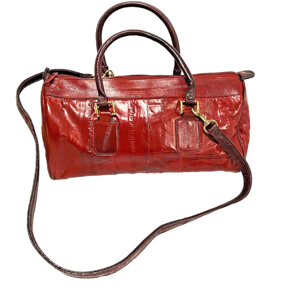 Vintage Red Eel Skin Leather Double Handle Satchel & Shoulderbag Purse Korea - Picture 1 of 12
